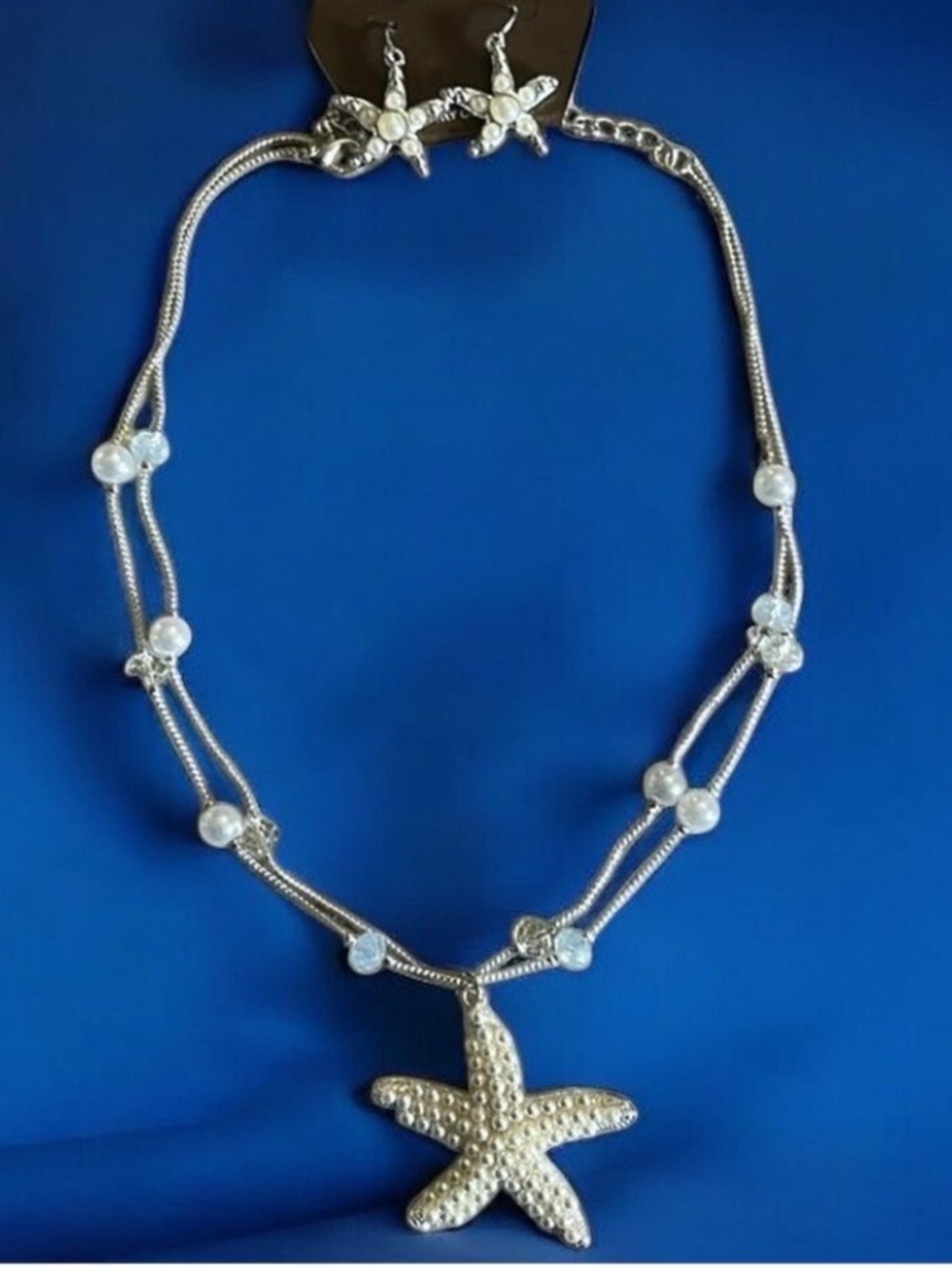 Pearl Starfish Double Strand Necklace and Pierced Earring Set in Silver Tone